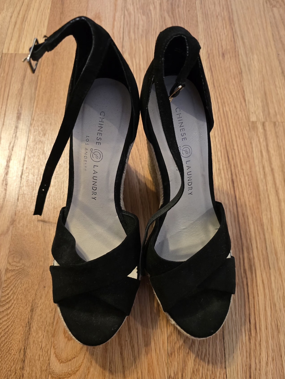 Chinese Laundry Black Suede Ankle-Strap Wedge Sandals